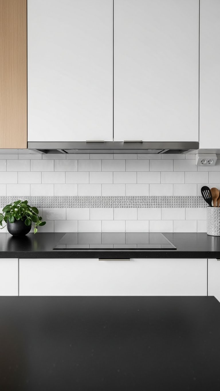 Modern kitchen backsplash styles complementing black countertops with subway tile and minimalist cabinetry