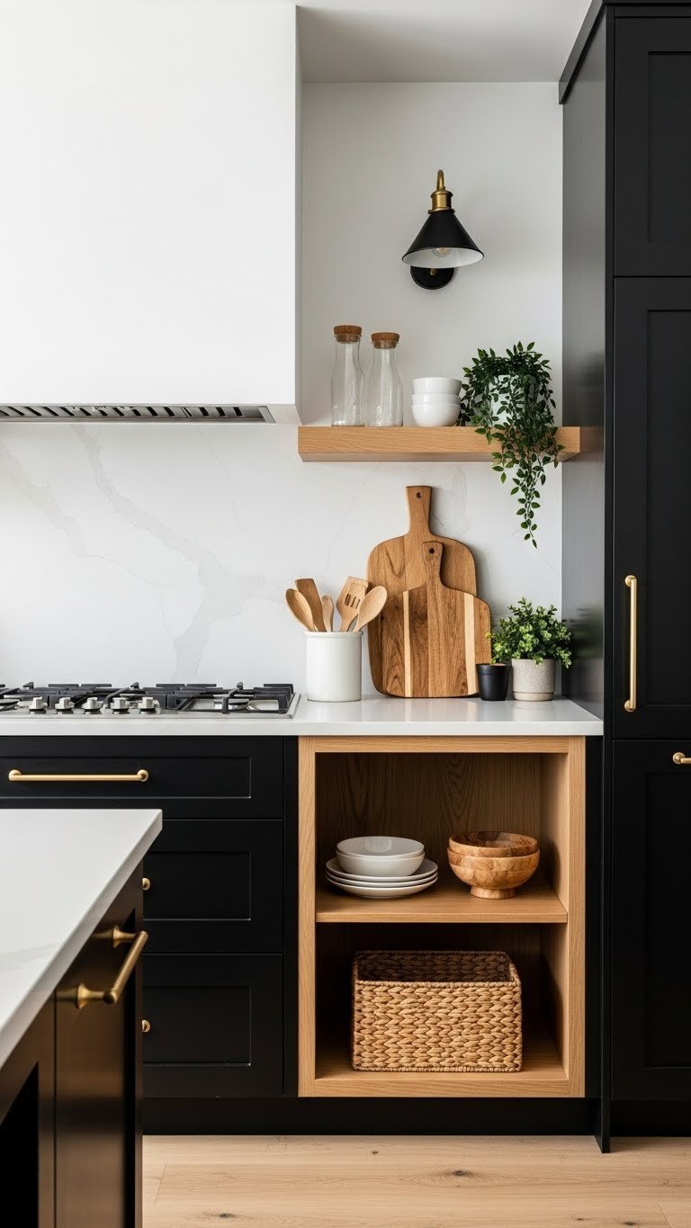 Modern kitchen blending sleek black cabinets with warm natural wood open shelving. Includes cutting boards, baskets, and green plants.
