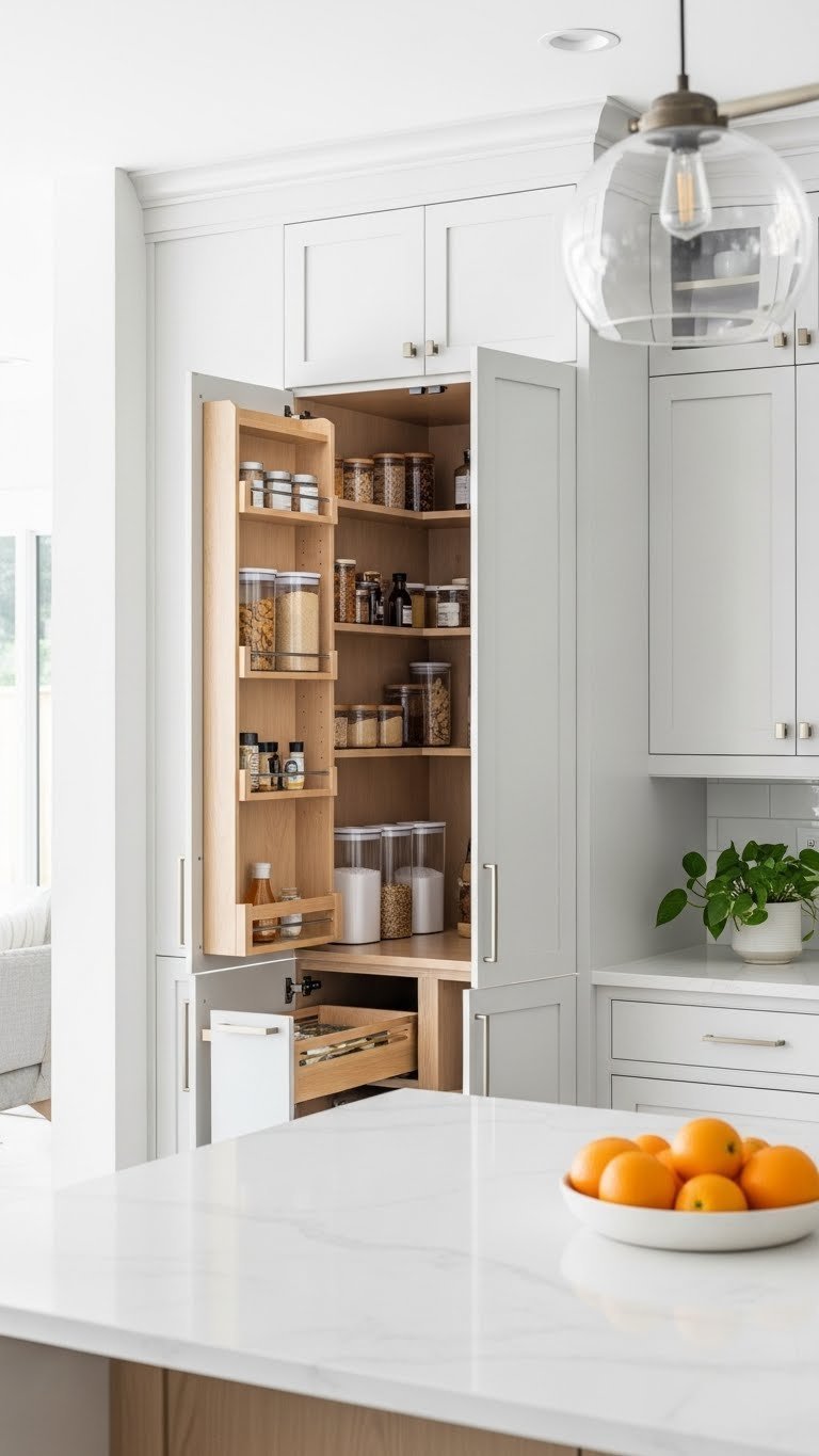 11 Corner Pantry Ideas: Maximize Kitchen Space &Amp; Style 1 Modern kitchen built-in corner pantry with organized clear containers and minimalist labels on sleek shelves.