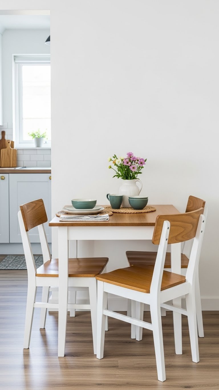 Modern kitchen dining area with refurbished breakfast nook table and updated seating in warm tones