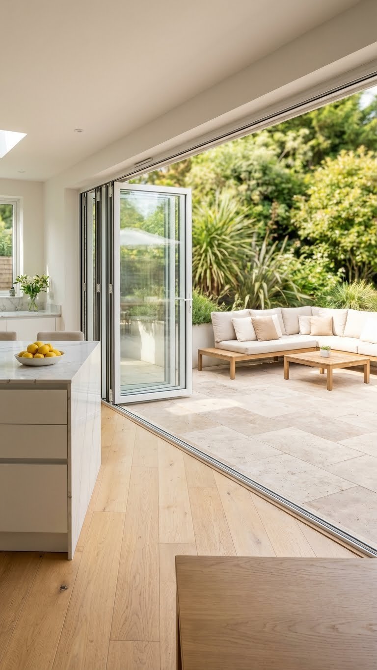 Outdoor Kitchen Extension Ideas That Create Seamless Indoor Outdoor 1 Modern kitchen extension with retractable bi-fold doors creating seamless indoor-outdoor living space on light oak floors