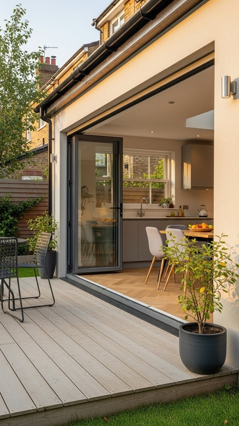 Modern kitchen extension with wide-spanning bi-fold doors open to patio creating seamless indoor-outdoor flow with warm golden hour lighting.