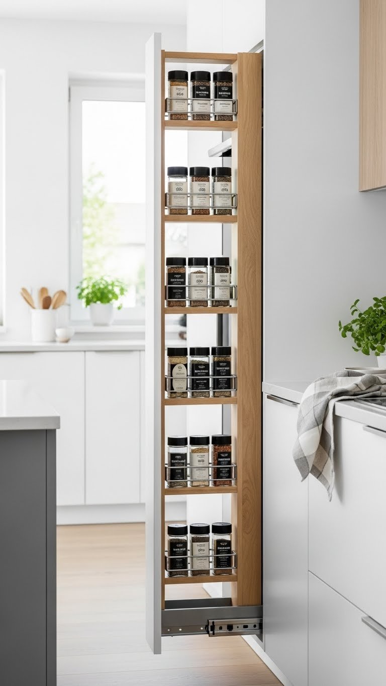 Proven Pull Out Pantry Ideas: Maximize Space In Any Kitchen 1 Modern kitchen features a fully extended slim vertical pull-out spice pantry, showcasing perfectly organized spice jars on multiple tiers.