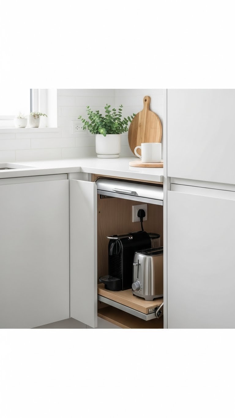 Modern kitchen features a sleek appliance garage, open to reveal coffee maker and toaster, integrated seamlessly.