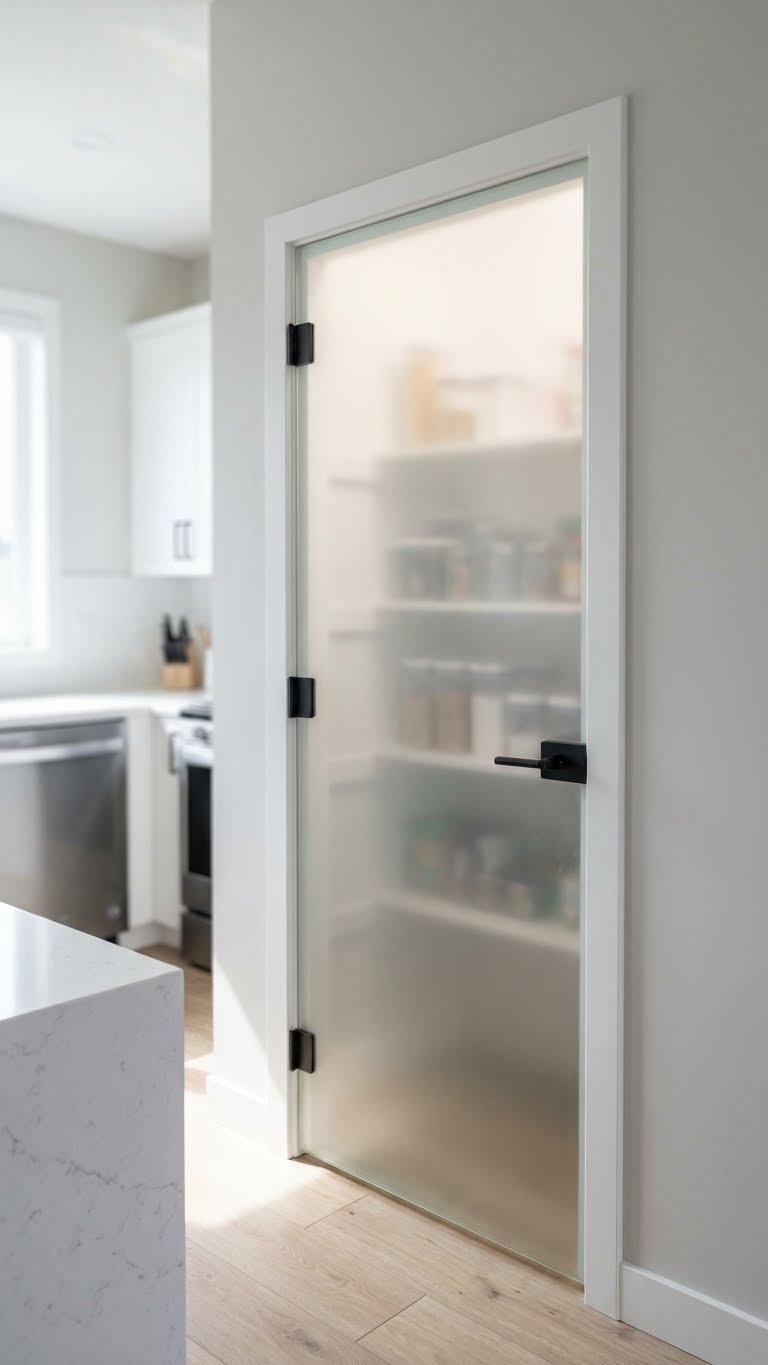 Modern kitchen features a sleek minimalist frosted glass pantry door with matte black hardware, reflecting a clean white island on a light wood floor.