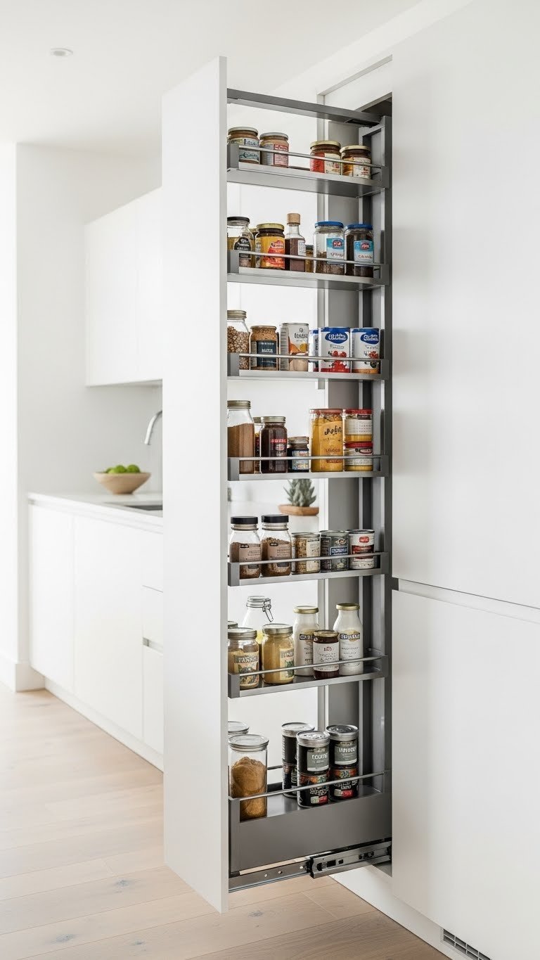 Modern kitchen features a tall, extended pull-out pantry cabinet with multiple tiers of neatly stocked shelves, brightly lit.