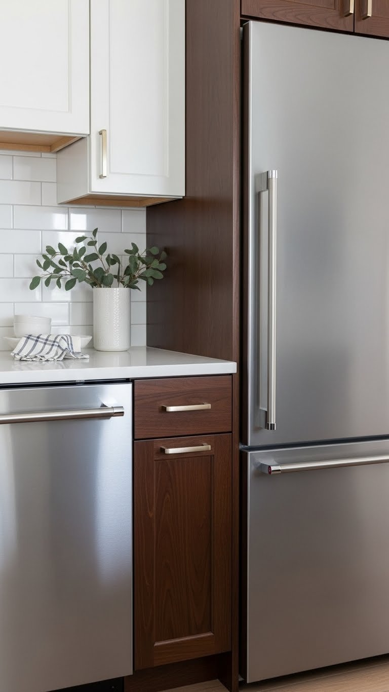 Modern kitchen featuring dark wood cabinets with sleek hardware integrated alongside stainless steel appliances