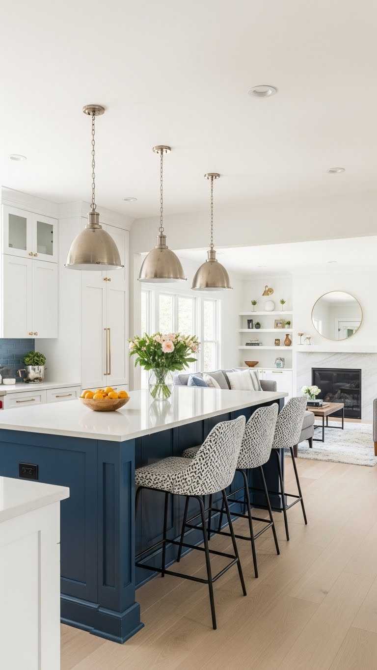 Modern kitchen island with quartz countertop & three bar stools provides a social hub, flowing into the living area. Warm light, elegant design.