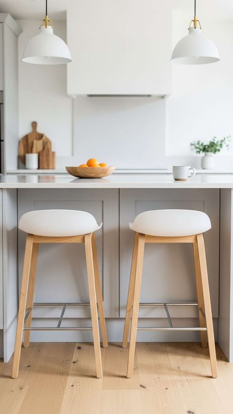 Modern kitchen island with two Scandinavian bar stools pulled up to the counter in natural light