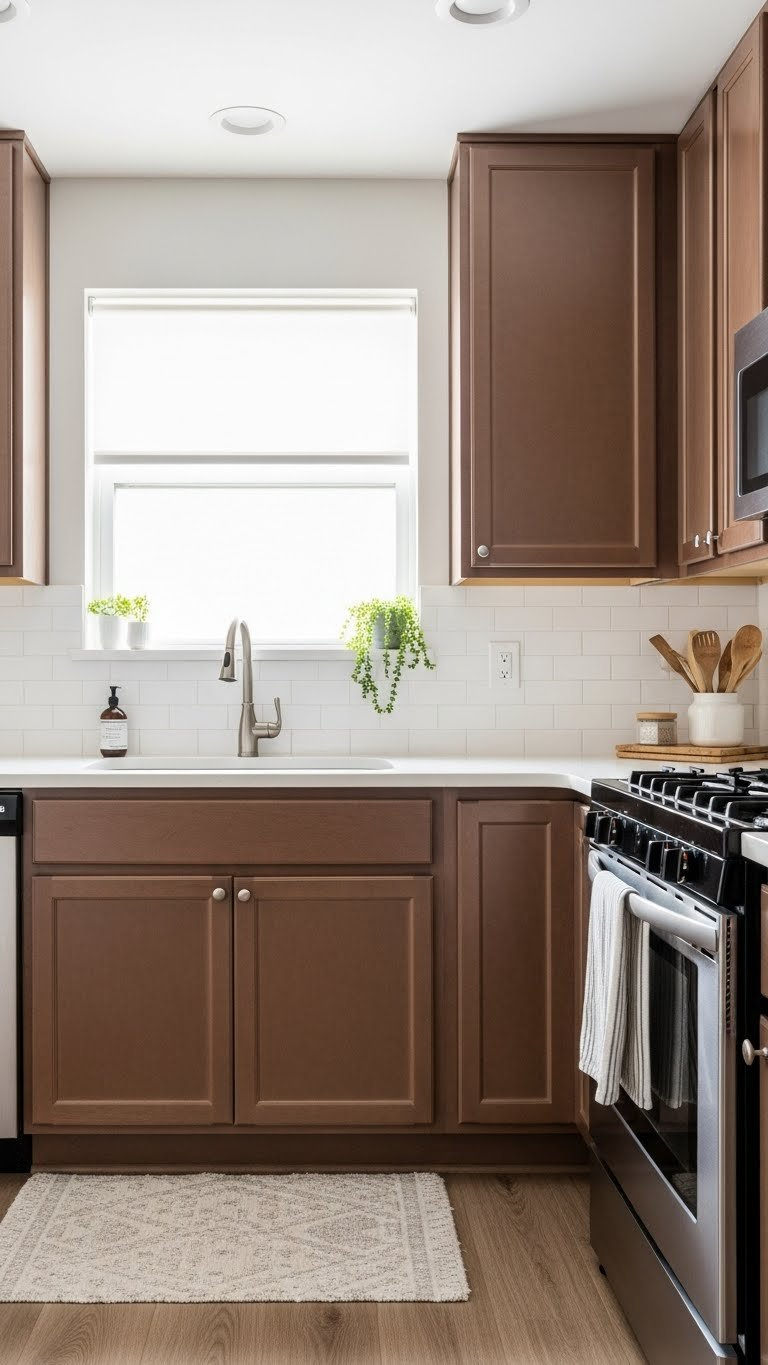 Modern kitchen island with waterfall countertop integrated into dark brown cabinetry creating seamless workspace