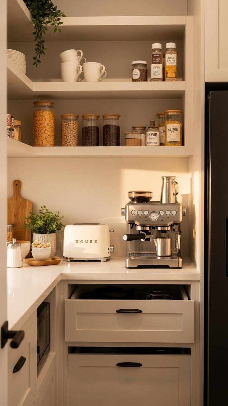 Modern kitchen pantry as a coffee and breakfast nook with a sleek coffee machine, mugs, and breakfast essentials.