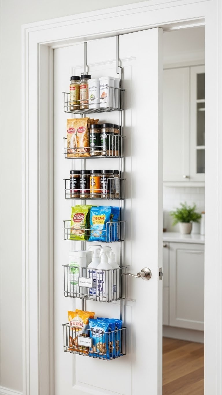 Diy Kitchen Pantry Ideas: 7 Essential Storage Solutions 9 Modern kitchen pantry door with an organized over-the-door storage system, holding spices, small jars, and snack bags.