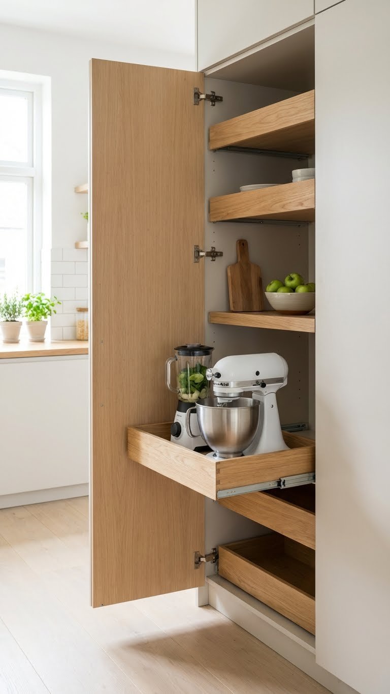 11 Essential Appliance Garage Pantry Ideas To Declutter 3 Modern kitchen pantry: open door reveals pull-out shelf with stand mixer, blender, light wood floor, and bright daylight.