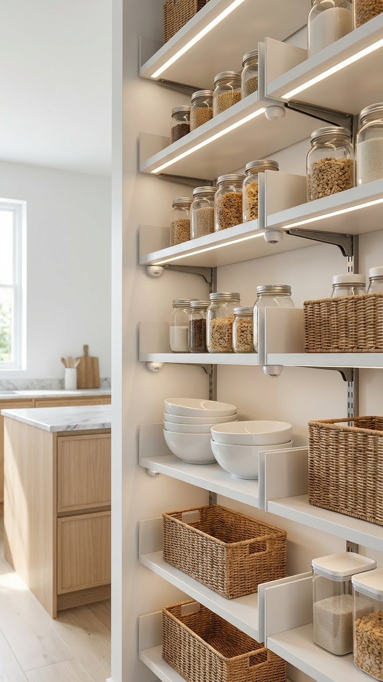 7 Genius Kitchen Pantry Closet Ideas For Ultimate Storage 7 Modern kitchen pantry showcases innovative adjustable smart shelving with integrated lighting, elegant glass jars, and white dishes.