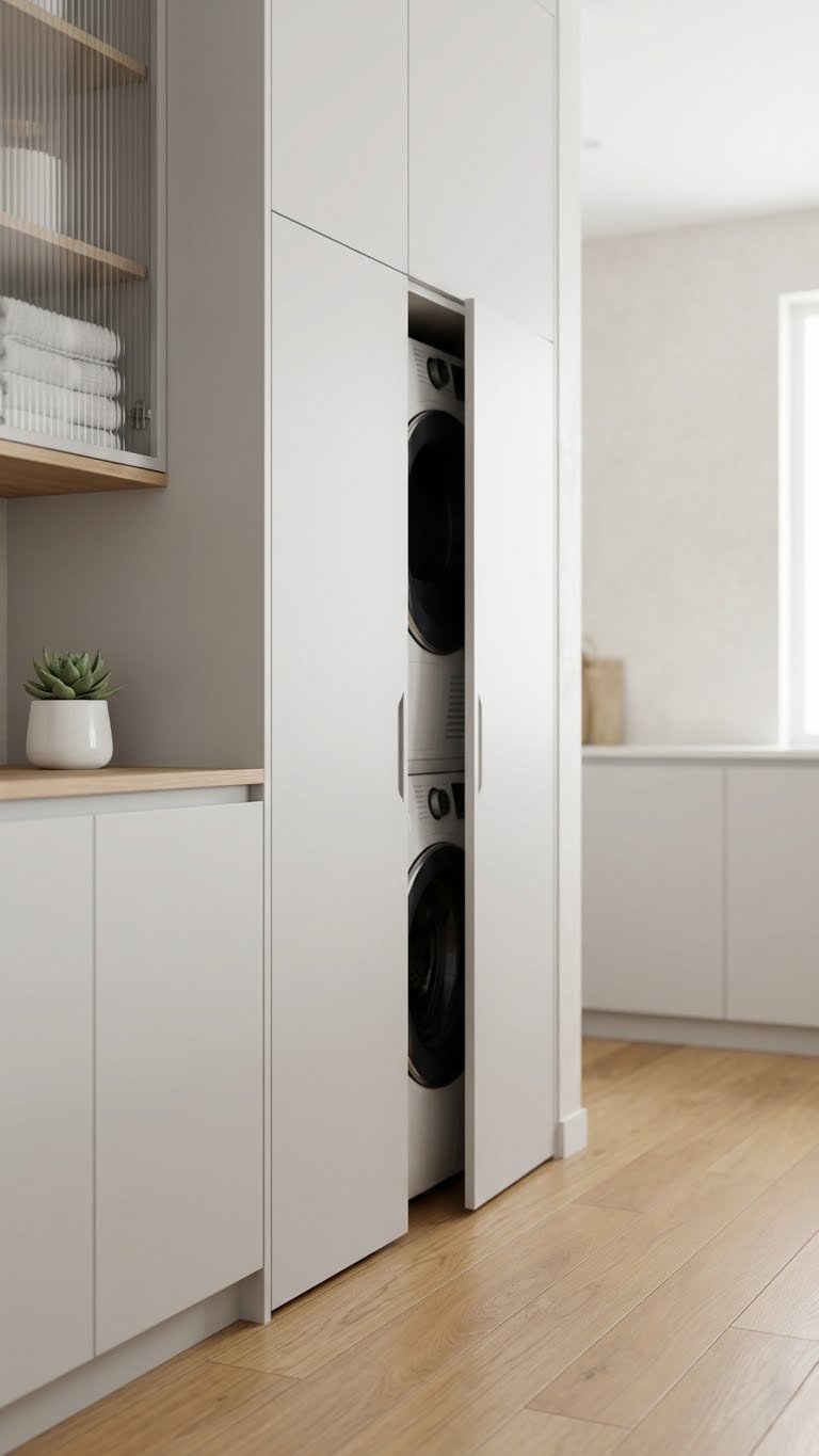 Space-Saving Kitchen Pantry Laundry Room Ideas 1 Modern kitchen pantry showcasing sleek, closed custom cabinetry discreetly concealing a stackable washer and dryer, on polished hardwood.