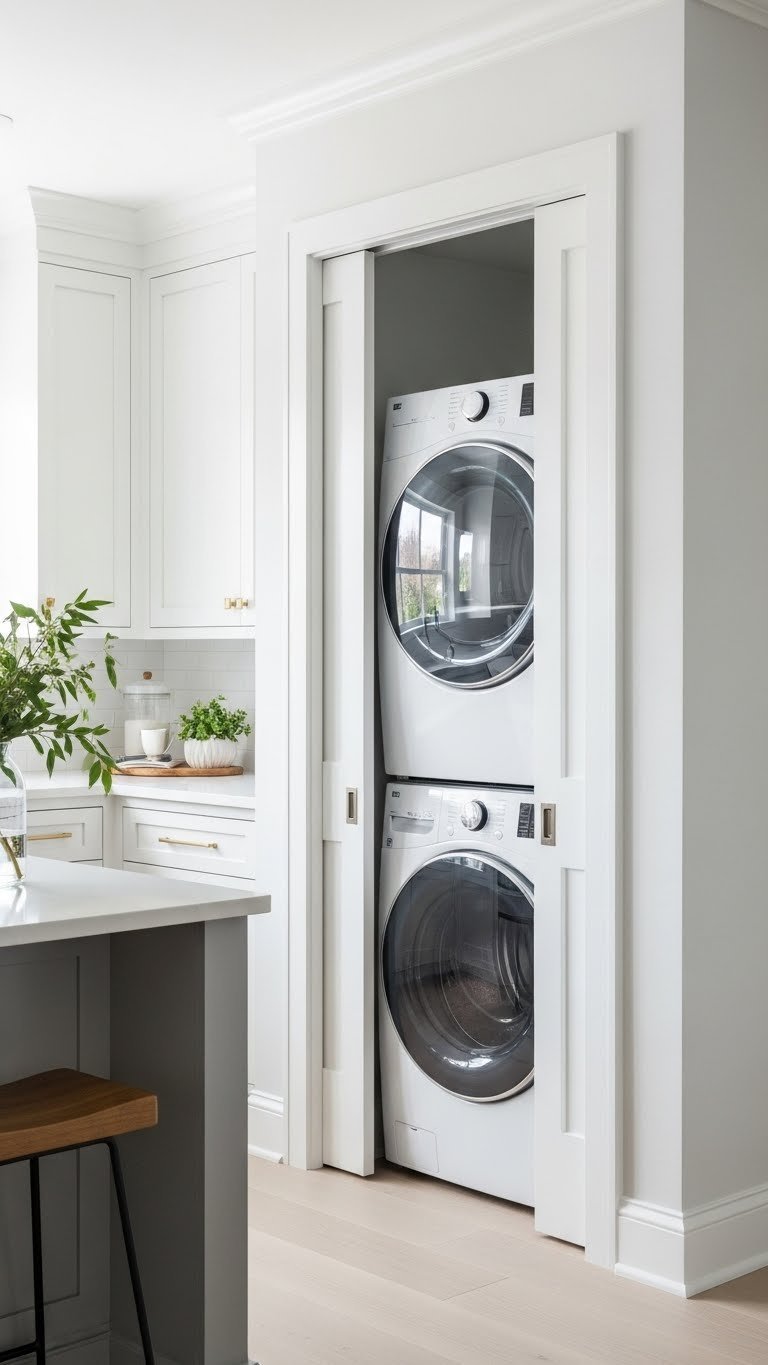 Space-Saving Kitchen Pantry Laundry Room Ideas 11 Modern kitchen pantry shows stacked washer dryer hidden behind beautifully crafted pocket doors, one slightly ajar.