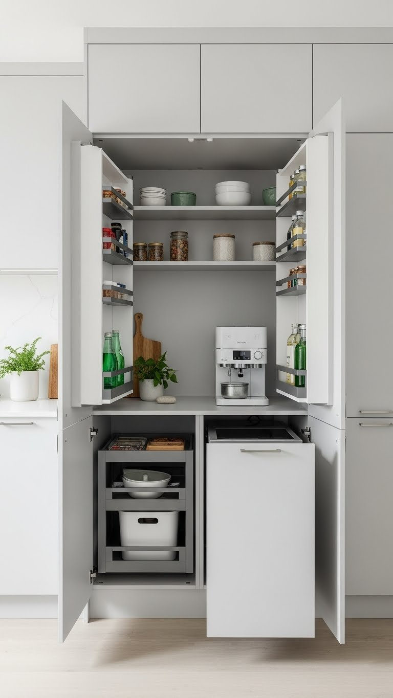 10X10 Kitchen Layouts: Proven Ideas For Small Spaces 11 Modern kitchen pantry wall with floor-to-ceiling cabinets, pull-out mechanisms, and organized storage solutions.