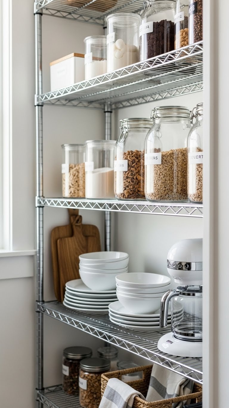 7 Essential Kitchen Pantry Design Ideas For Maximum Storage 11 Modern kitchen pantry with adjustable chrome wire shelving holding ceramic plates, jars, and a small appliance for efficient storage.