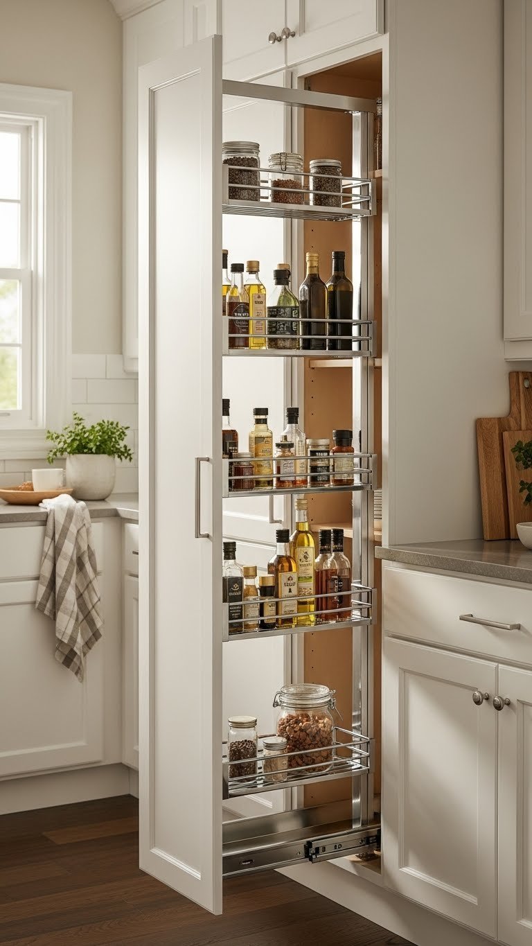 11 Pantry Closet Ideas: Transform Small Spaces, Organize Smarter 3 Modern kitchen pantry with sleek vertical pull-out units, chrome shelves, and organized spices for easy access.
