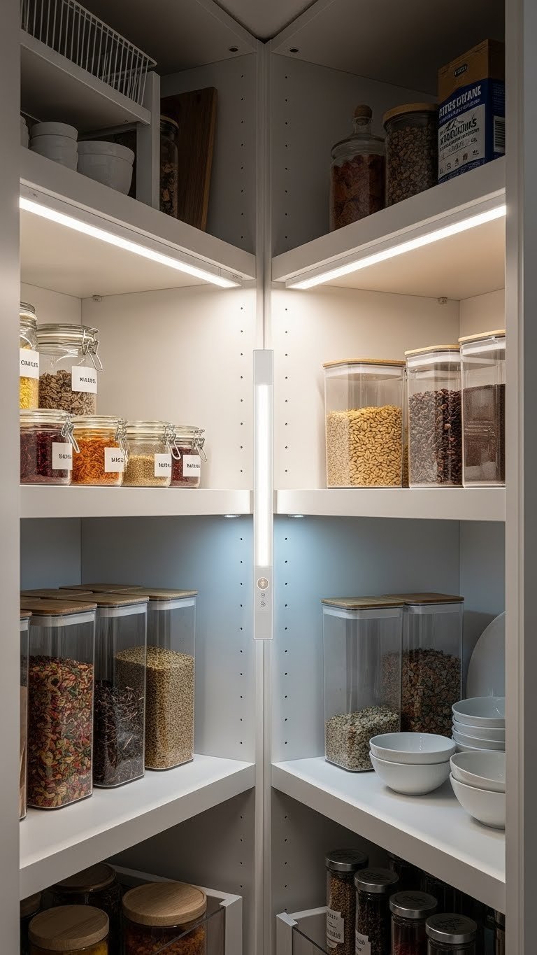 Modern kitchen pantry with smart sensor LED lighting illuminates neatly organized jars and containers, enhancing visibility.