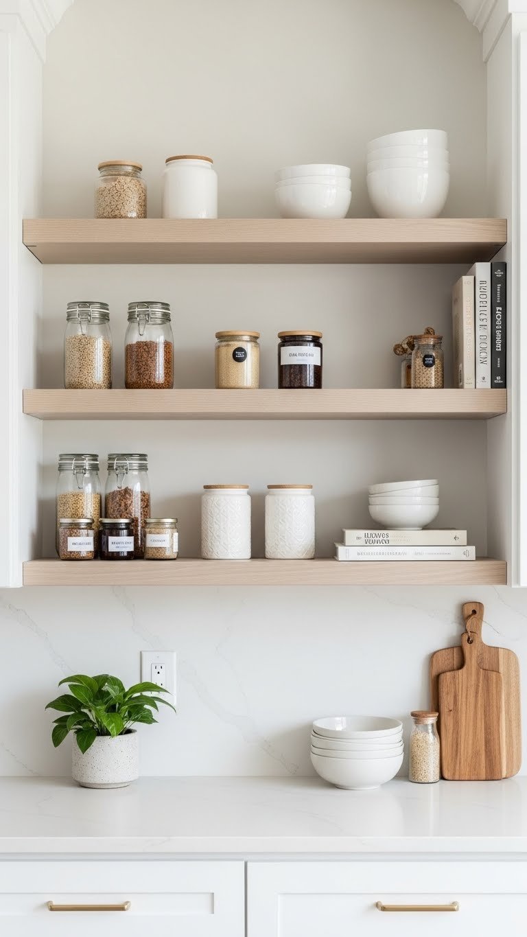 Modern kitchen pantry with stylish open shelving displays curated jars, ceramic canisters, and cookbooks under bright daylight.
