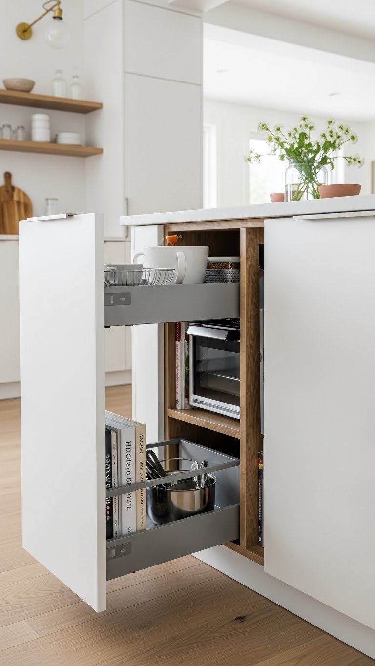 Small Kitchen Peninsula: 7 Genius Designs For Limited Space 7 Modern kitchen peninsula with hidden storage solutions including pull-out drawers and built-in shelving