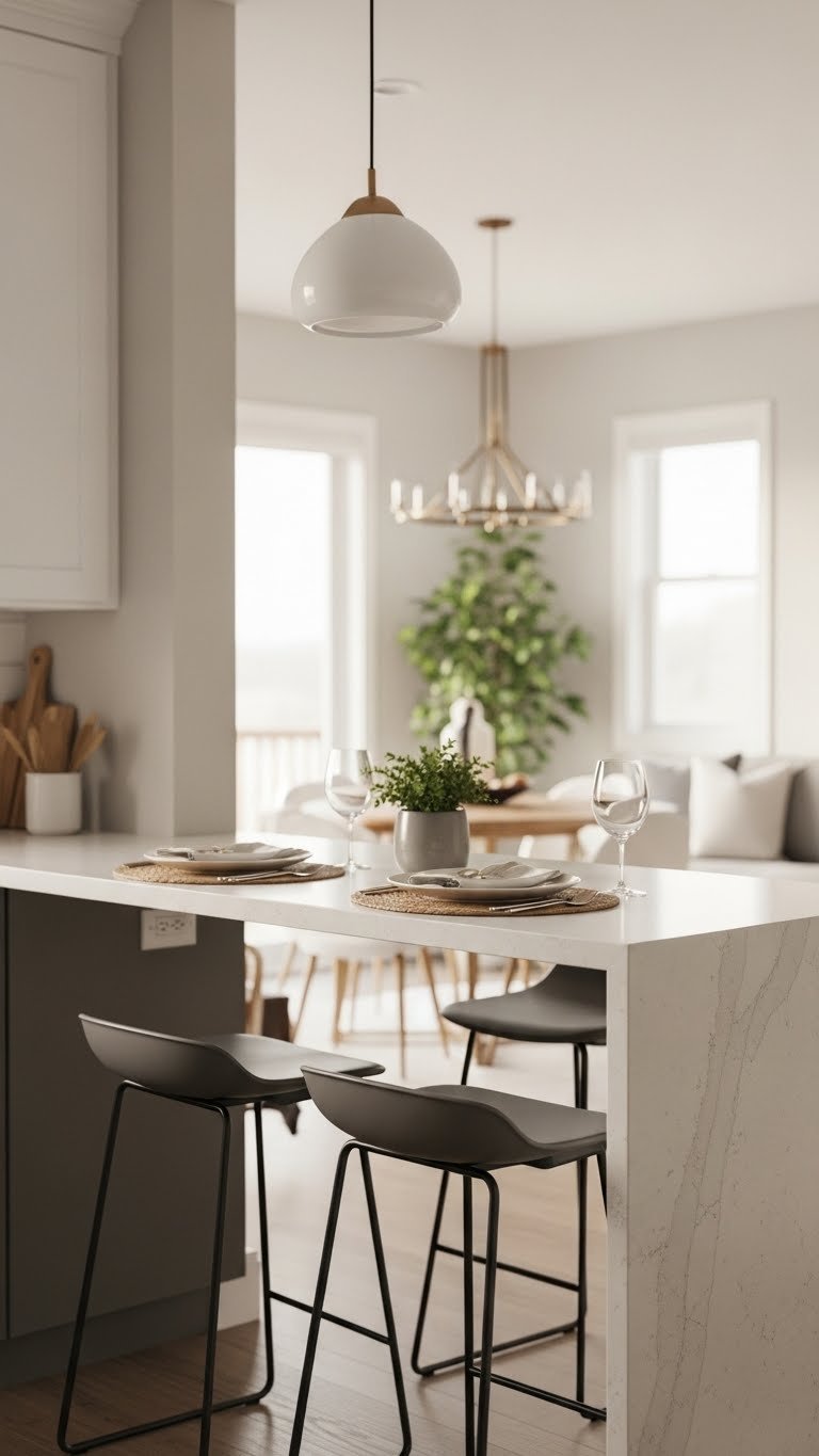 Modern kitchen peninsula with waterfall edge countertop and bar stools serving as dining area and extra workspace