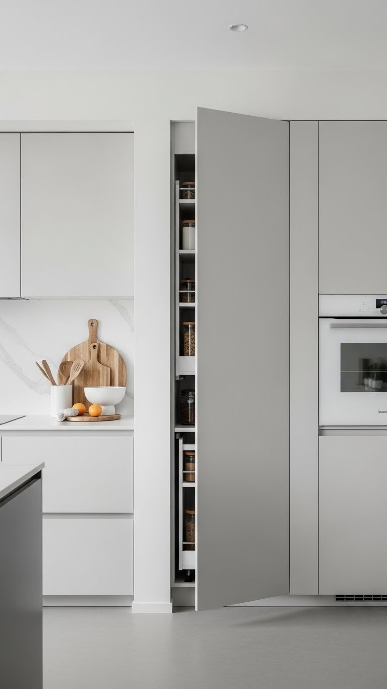 Modern kitchen showcases a hidden pantry with an integrated door slightly ajar, revealing organized shelves and storage.