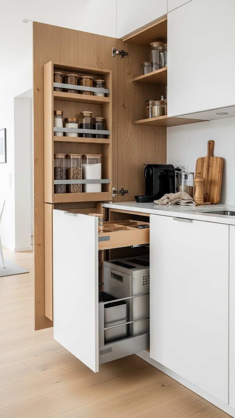 Modern kitchen showcasing hidden storage solutions like pull-out pantry and integrated cutting board organization