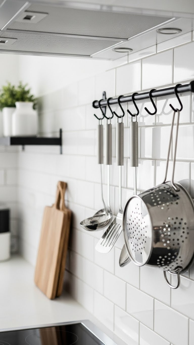 Modern kitchen wall-mounted black rack holding stainless steel spatulas, ladles, and colander on white subway tile backsplash