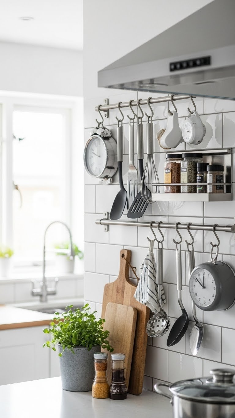 Modern kitchen wall storage system with metal rails holding utensils against white subway tile backsplash