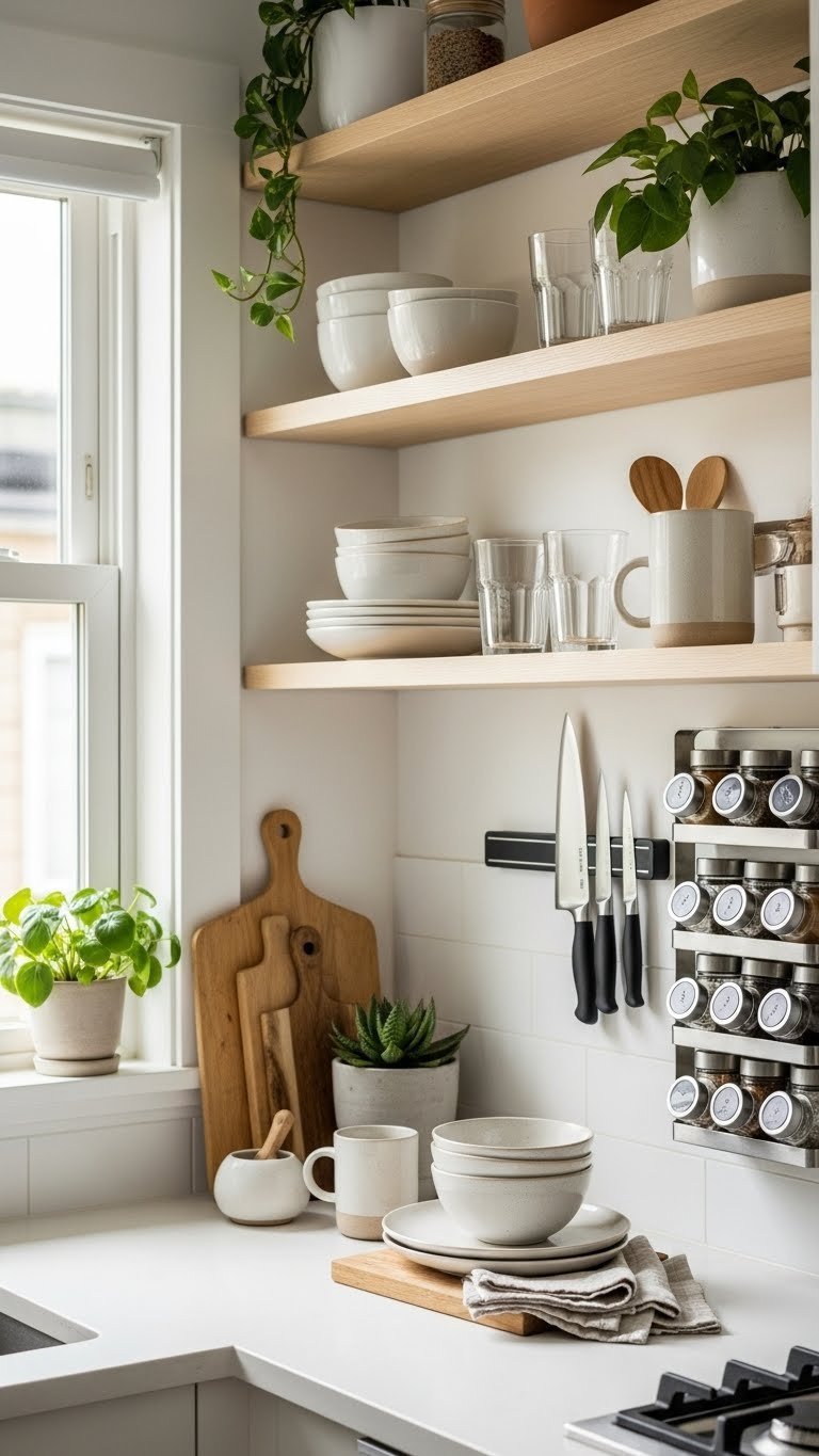 Modern kitchen wall with open shelving displaying curated kitchenware and magnetic knife strip