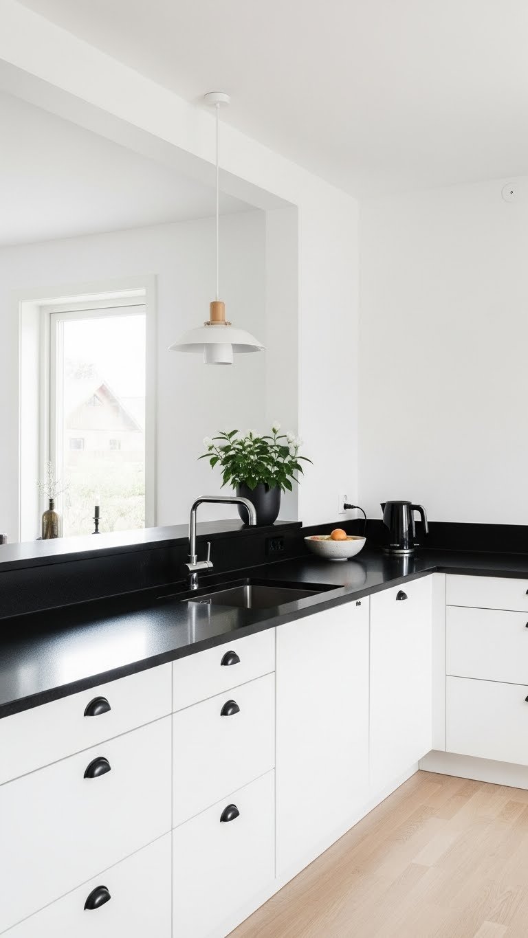 Modern kitchen with black countertops contrasting white handleless cabinets featuring black kettle and pendant light