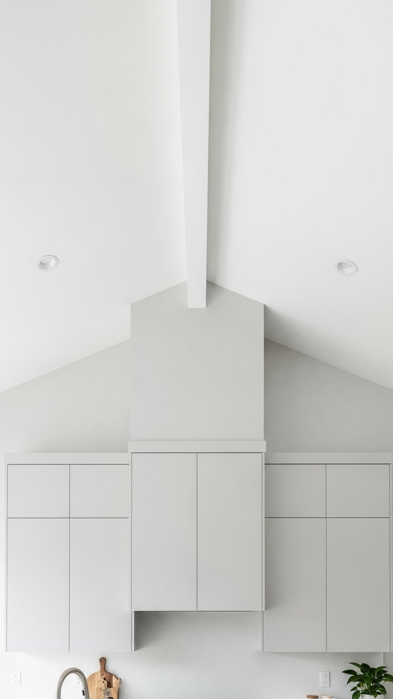 Modern kitchen with floor-to-ceiling white cabinets extending to vaulted ceiling in bright minimalist interior with recessed lighting