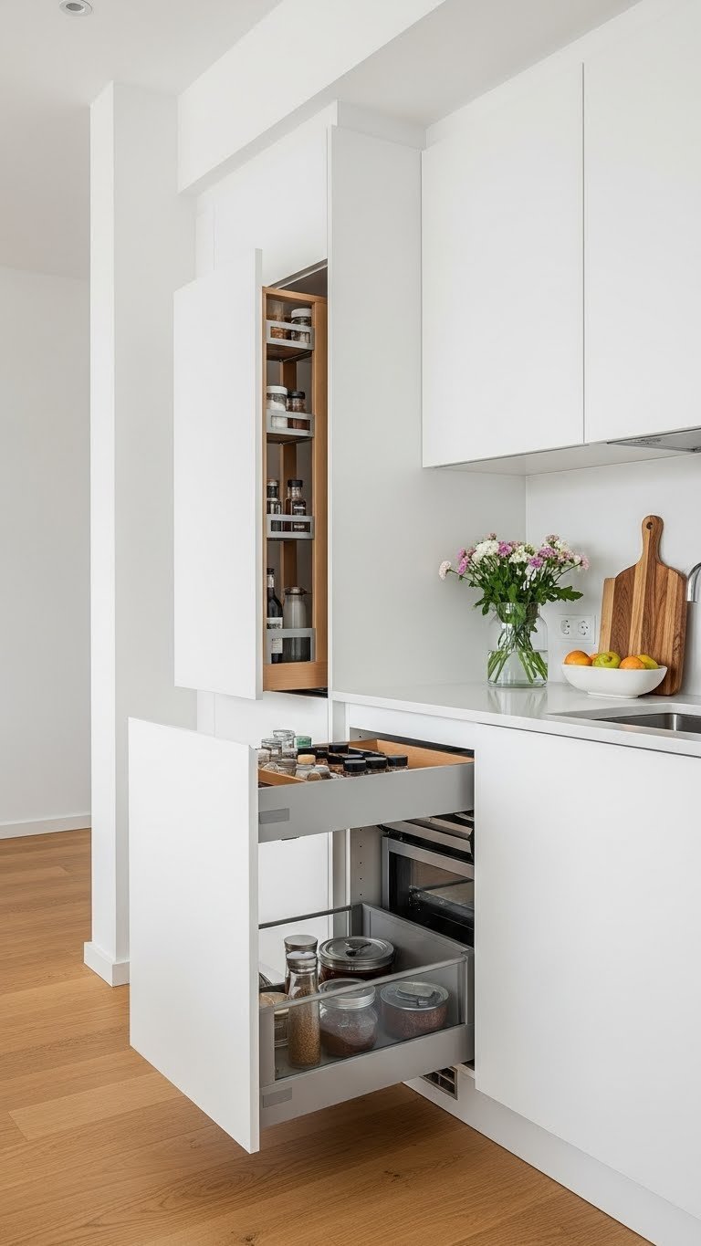 Modern kitchen with handleless cabinetry extending to ceiling showing organized spice racks and hidden appliance garage