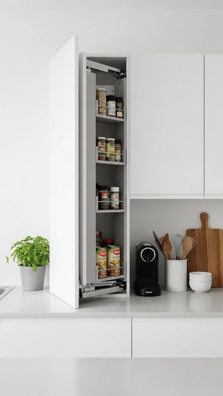 7 Essential Kitchen Pantry Design Ideas For Maximum Storage 7 Modern kitchen with hidden pantry disguised as cabinet, revealing slim shelves neatly organized with spices and canned goods.