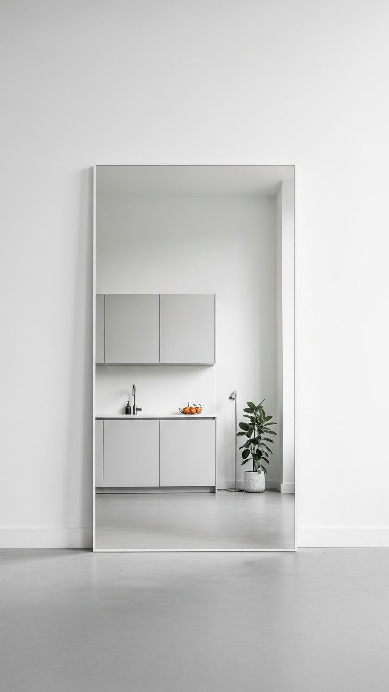 Modern kitchen with large minimalist mirror reflecting light and creating illusion of expanded space in soft natural lighting