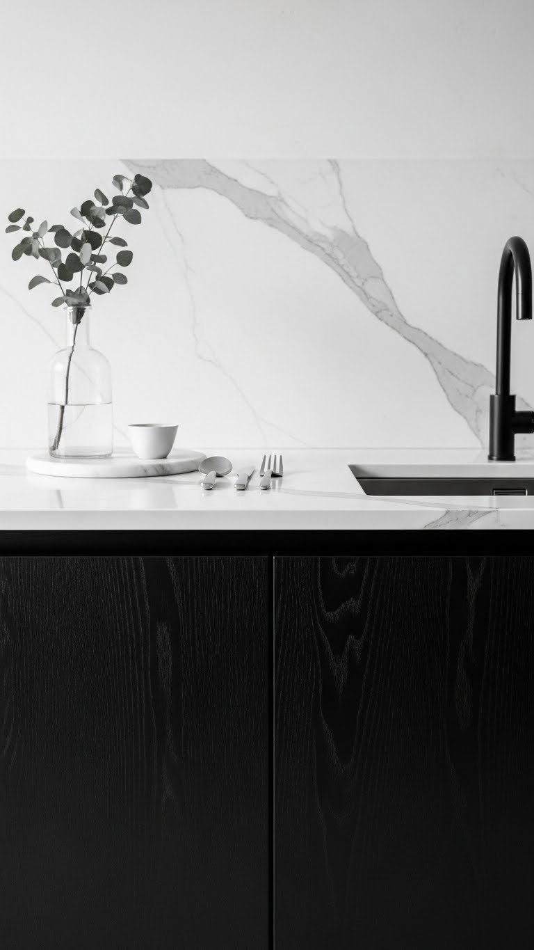 Modern kitchen with matte black cabinets and white marble countertop. High contrast, elegant glass vase, and utensils add sophistication.