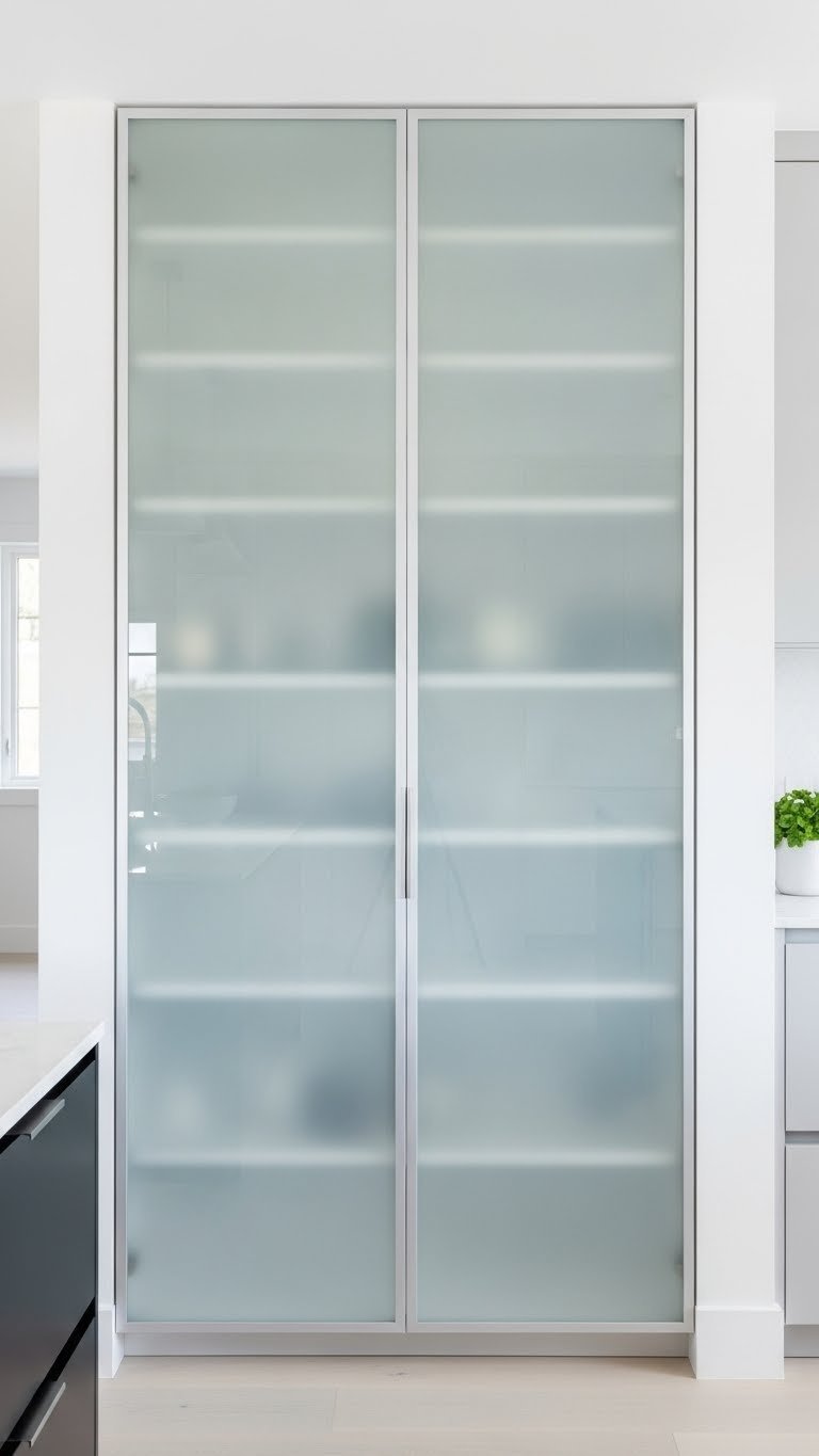 Modern kitchen with sleek frosted glass pantry doors, offering privacy and light diffusion for elegant storage.