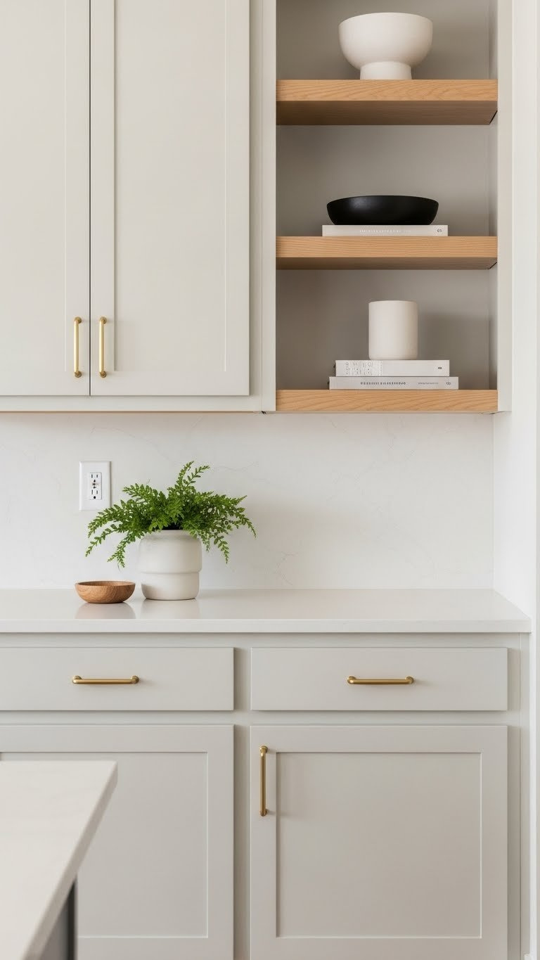Modern kitchen with updated honey oak cabinets featuring matte sage green finish and brass hardware in soft natural lighting