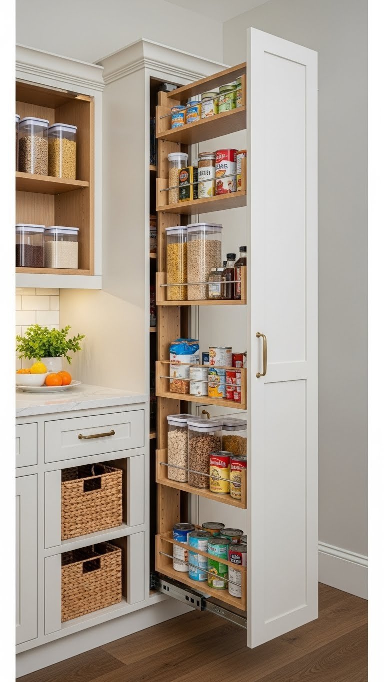 Proven Pull Out Pantry Ideas: Maximize Space In Any Kitchen 3 Modern kitchen's tall pull-out larder pantry reveals deep shelves neatly organized with dry goods and pantry staples.