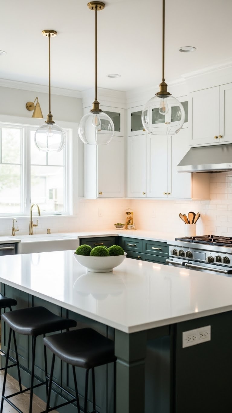 Modern layered kitchen lighting: pendant lights, under-cabinet lights, white island, dark green cabinets.