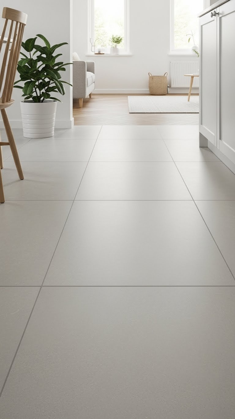 Modern light grey large-format porcelain tile kitchen floor seamlessly flowing into living area with potted plant and wooden chair accents.