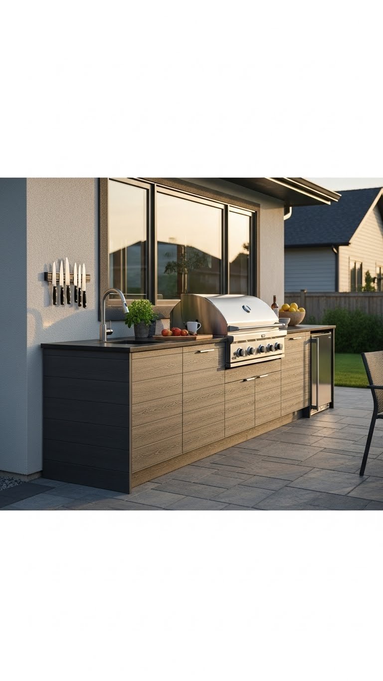 Outdoor Kitchen Layouts: 7 Essential Designs To Maximize Your Space 1 Modern linear outdoor kitchen with stainless steel grill, dark quartz countertops, and wood-look cabinetry on stone paver patio