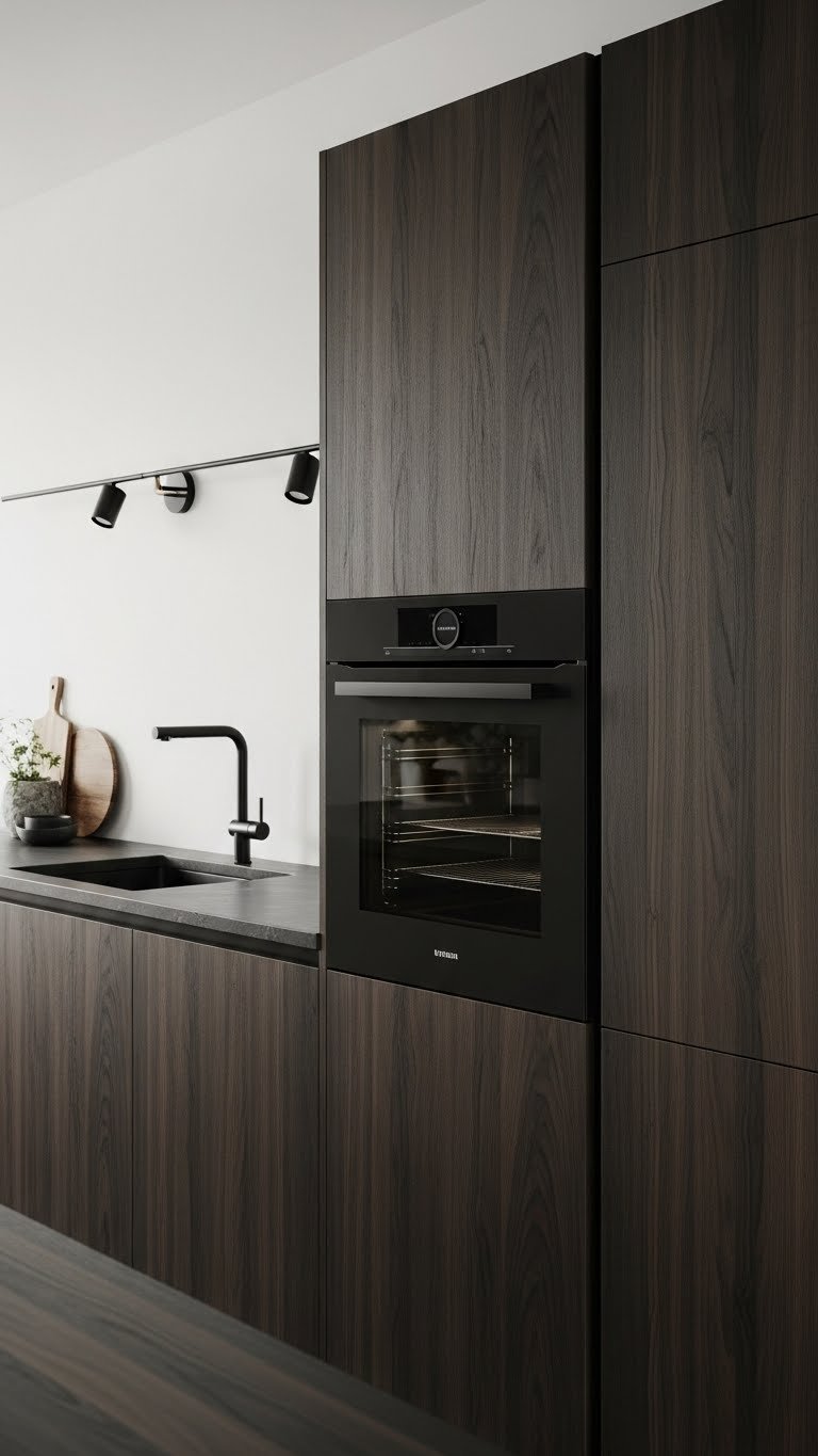 Modern matte black integrated appliance flush with deep walnut cabinetry, blending rustic charm and contemporary kitchen design.