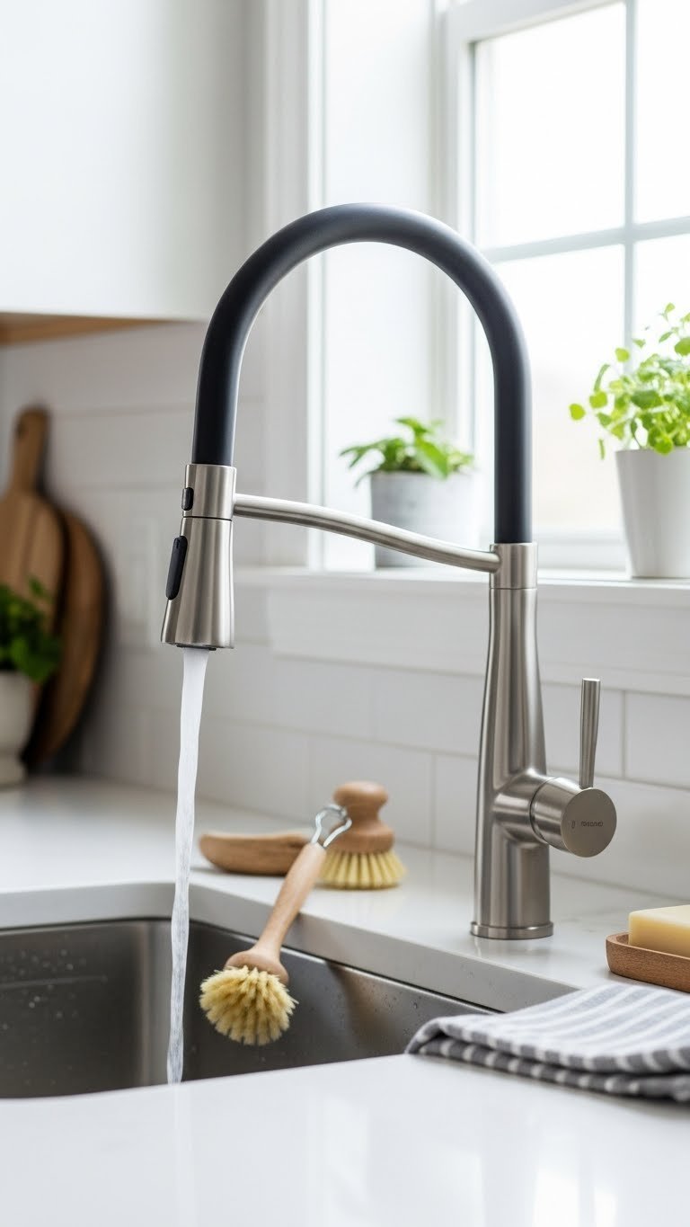 Modern matte black pull-down kitchen faucet installed in clean sink area with bright daylight illumination