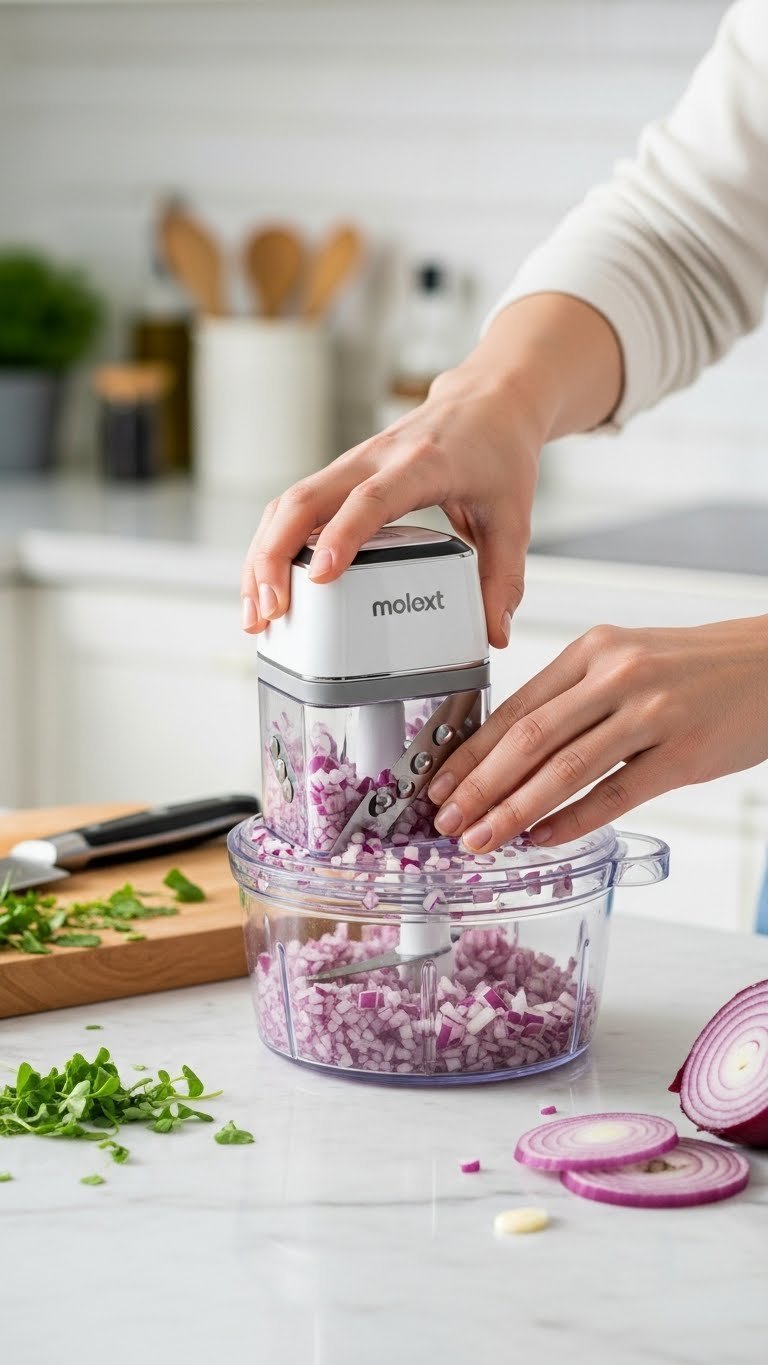 Meesho Kitchen Gadgets: 11 Essential Tools For Smart Cooking 1 Modern mini food chopper actively dicing vibrant red onions on clean white countertop with clear bowl showing finely chopped ingredients.