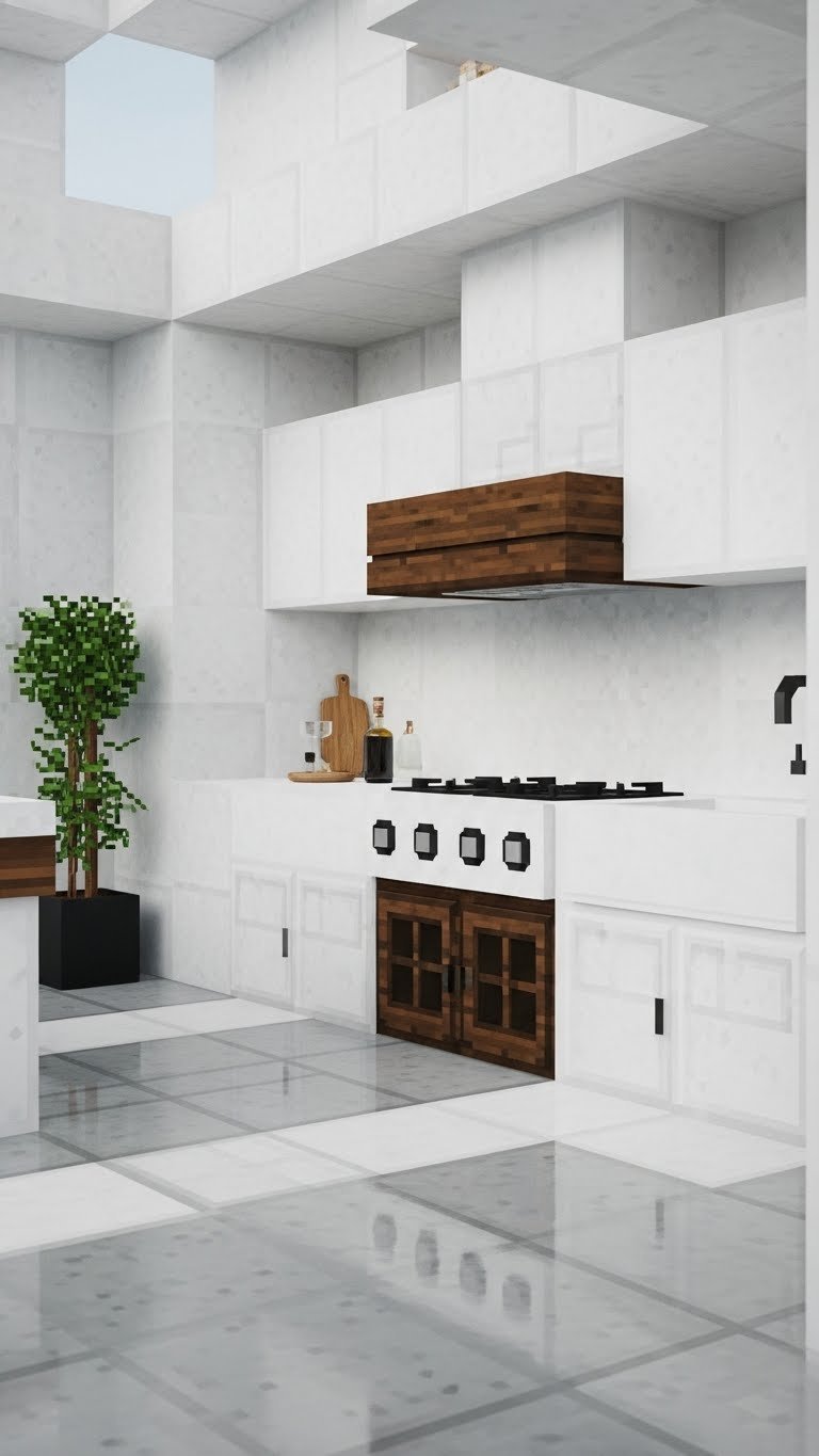 Modern minimalist Minecraft kitchen with white quartz, concrete blocks, and dark oak accents