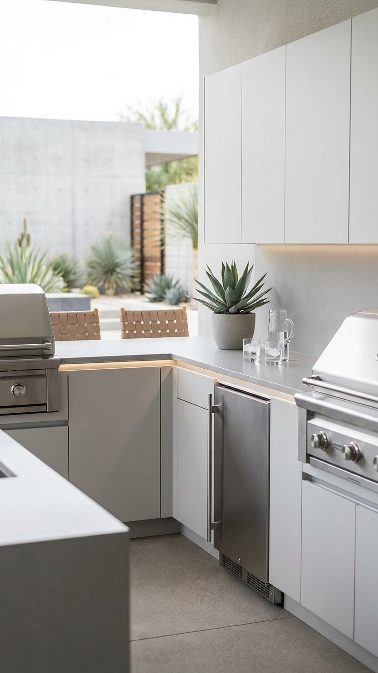 U-Shaped Outdoor Kitchen Design: 7 Ideas For Your Backyard 7 Modern minimalist U-shaped outdoor kitchen with clean lines, integrated appliances, and contemporary concrete backdrop.