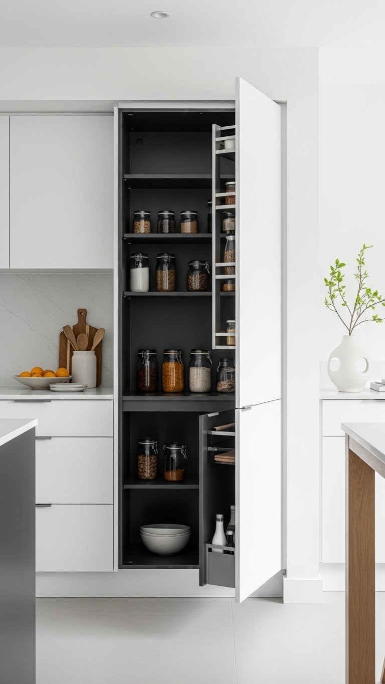 Modern minimalist built-in kitchen pantry features sleek handle-less cabinets, slightly ajar to reveal organized jars with soft light.